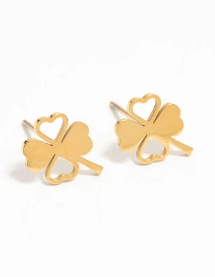 Waterproof Gold Plated Stainless Steel Heart Clover Stud Earrings