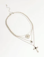 Silver Pearl Cross Layered Necklace