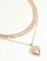 Rose Gold Figaro Heart Locket Layered Necklace