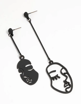 Silver Black Coated Metal Face Drop Earrings