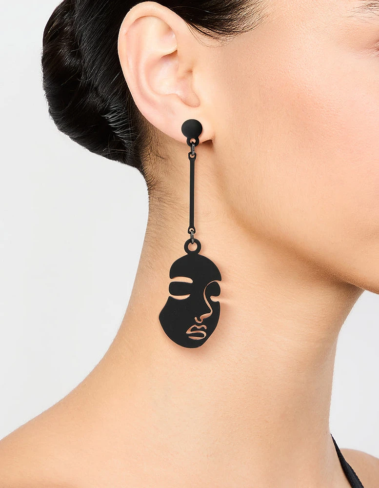 Silver Black Coated Metal Face Drop Earrings