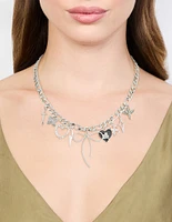 Silver Bow & Heart Charm Necklace