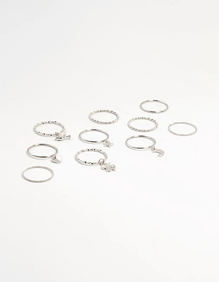 Silver Charm & Twisted Stacking Rings 10-Pack