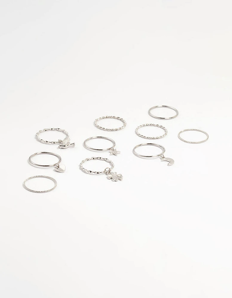 Silver Charm & Twisted Stacking Rings 10-Pack