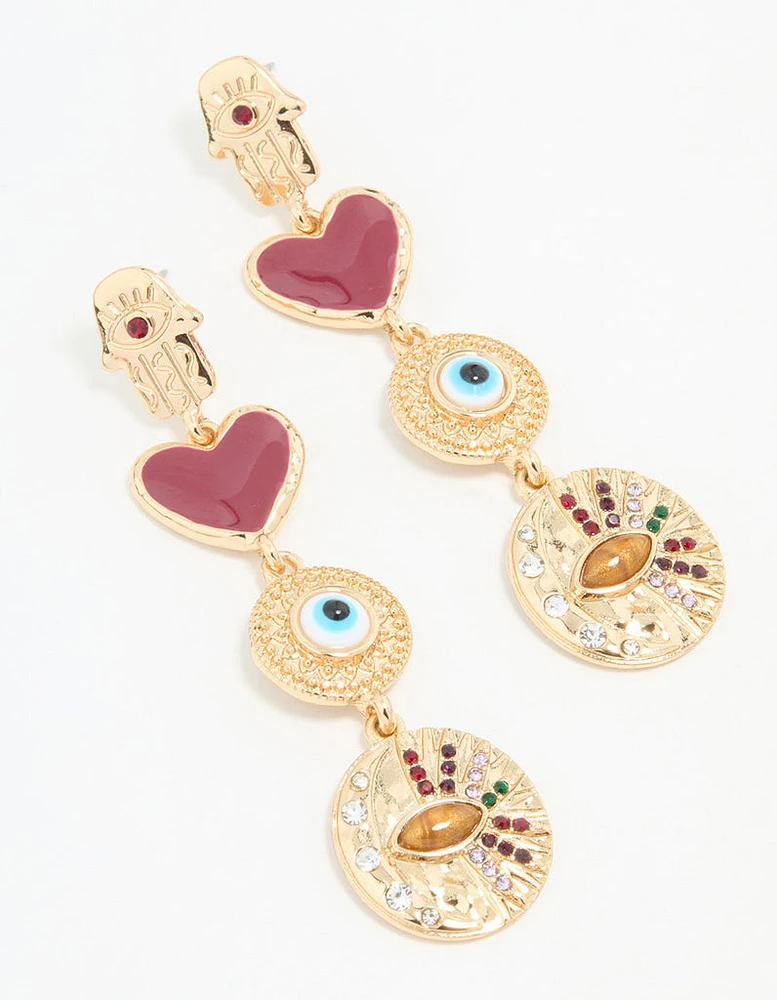 Gold Heart & Evil Eye Drop Earrings