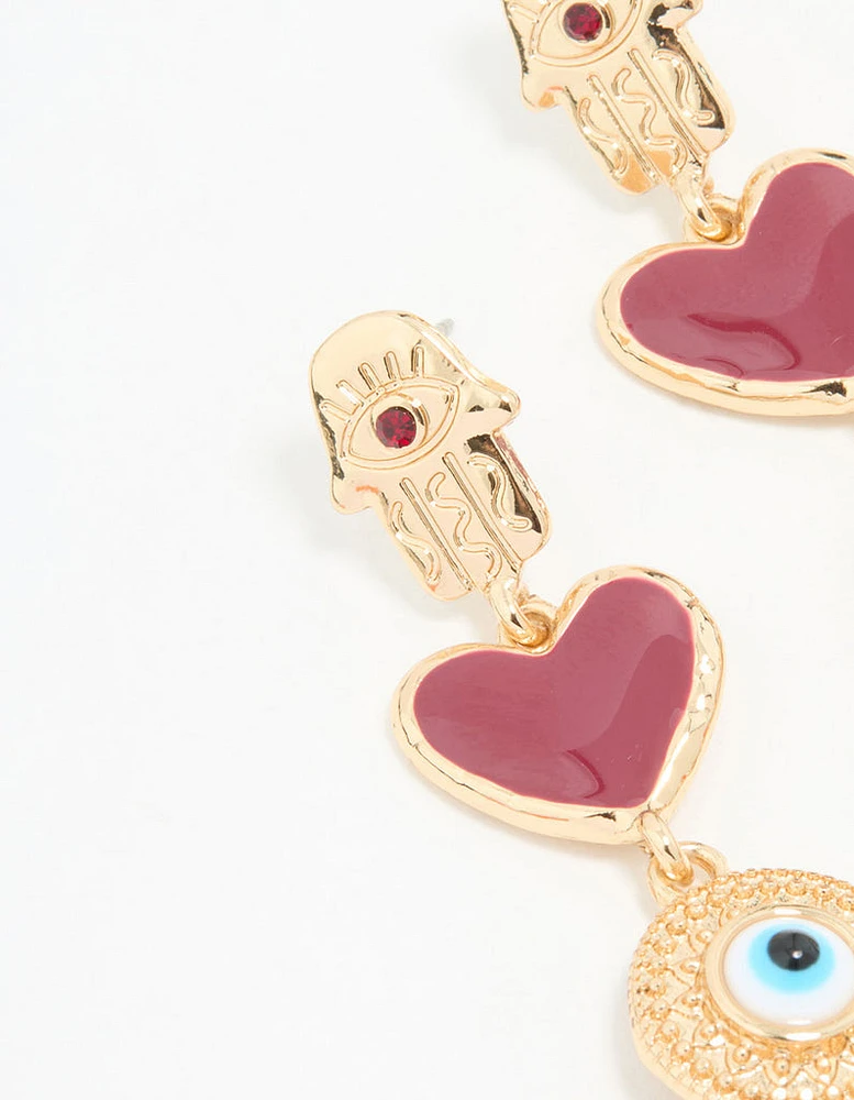 Gold Heart & Evil Eye Drop Earrings