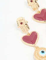 Gold Heart & Evil Eye Drop Earrings