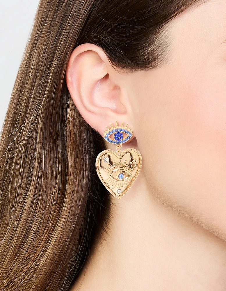 Gold Heart Evil Eye Drop Earrings
