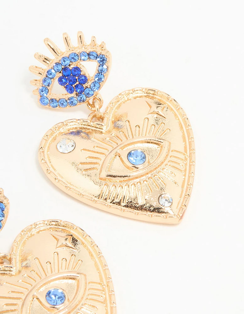 Gold Heart Evil Eye Drop Earrings