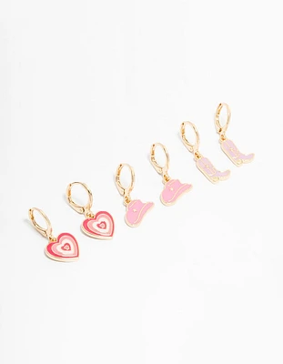 Kids Gold Pink Cowgirl & Heart Huggie Earrings 3-Pack