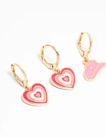 Kids Gold Pink Cowgirl & Heart Huggie Earrings 3-Pack