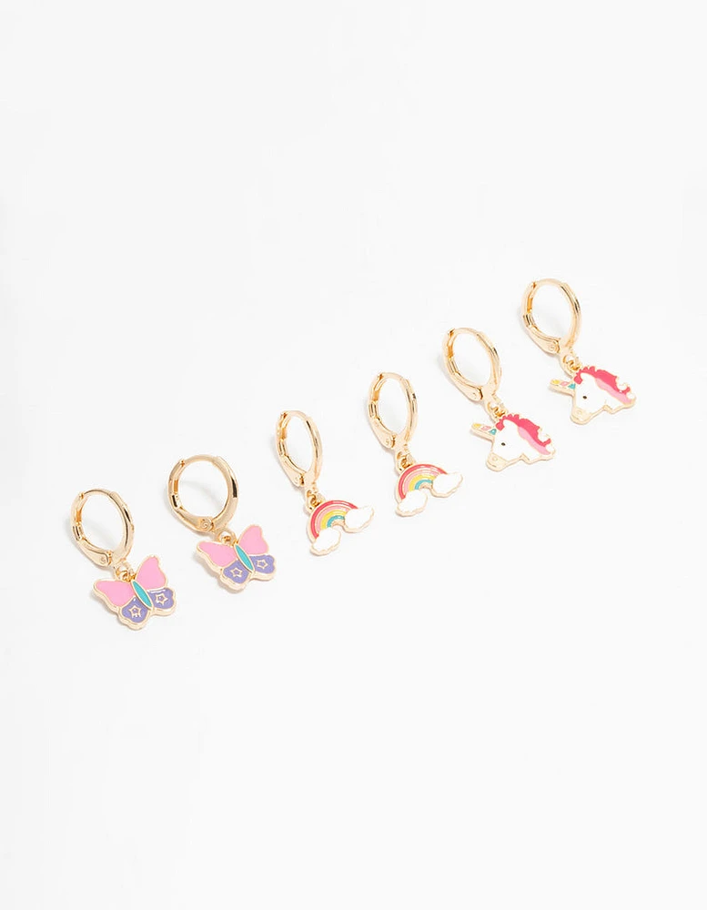 Kids Gold Pastel Unicorn & Butterfly Huggie Earrings 3-Pack