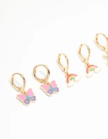 Kids Gold Pastel Unicorn & Butterfly Huggie Earrings 3-Pack