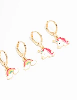 Kids Gold Pastel Unicorn & Butterfly Huggie Earrings 3-Pack