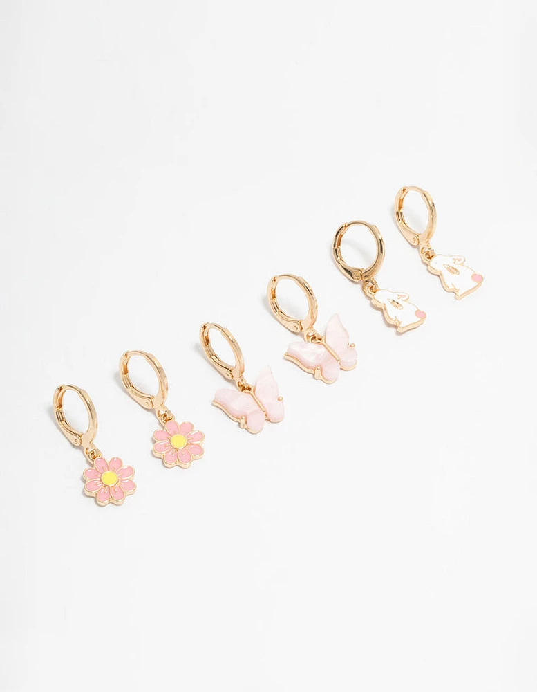 Kids Gold Bunny & Butterfly Huggie Earrings 3-Pack