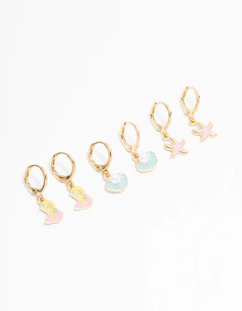 Kids Gold Pastel Mermaid & Shell Huggie Earrings 3-Pack