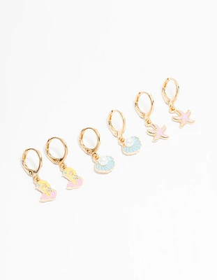 Kids Gold Pastel Mermaid & Shell Huggie Earrings 3-Pack