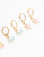Kids Gold Pastel Mermaid & Shell Huggie Earrings 3-Pack