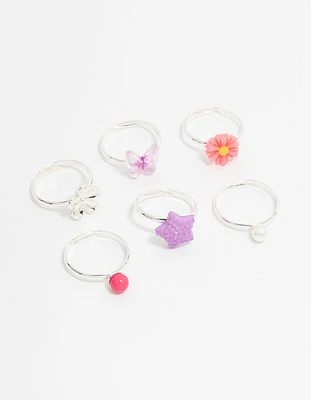 Kids Silver Pearl & Ombre Butterfly Fashion Rings 6-Pack