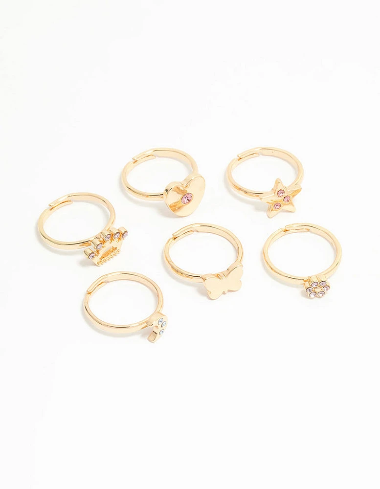 Kids Gold Diamante Butterfly Crown & Heart Fashion Rings 6-Pack
