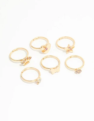 Kids Gold Diamante Butterfly Crown & Heart Fashion Rings 6-Pack