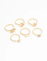 Kids Gold Diamante Butterfly Crown & Heart Fashion Rings 6-Pack