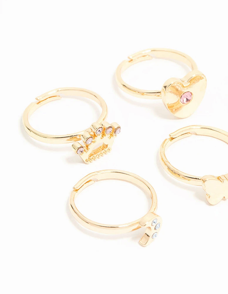 Kids Gold Diamante Butterfly Crown & Heart Fashion Rings 6-Pack
