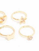 Kids Gold Diamante Butterfly Crown & Heart Fashion Rings 6-Pack