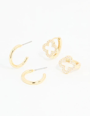 Gold Plated Cubic Zirconia Flower & Plain Huggie Earrings 2-Pack