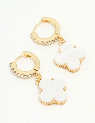 Gold Plated Diamante Flower Drop Huggie Earrings