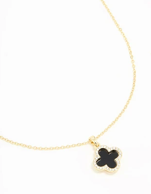 Gold Plated Diamante Outline Black Flower Pendant Necklace