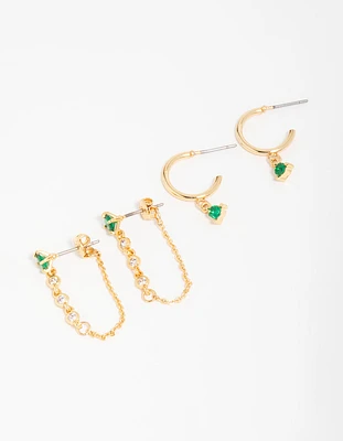 Gold Plated Green Cubic Zirconia Stud & Chain Huggie Earrings 2-Pack