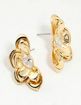 Gold Plated Cubic Zirconia Half Flower Stud Earrings