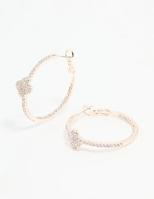Rose Gold Diamante Pave Flower Hoop Earrings