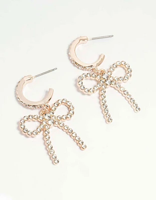 Rose Gold Diamante Pave Bow Hoop Earrings