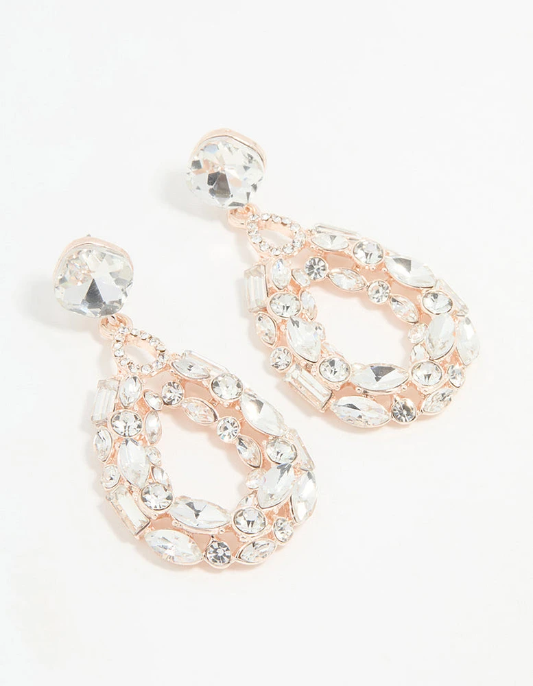Rose Gold Diamante Hollow Oval Drop Earrings