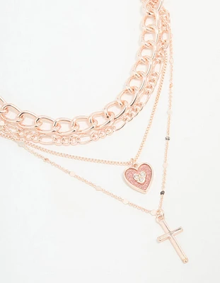 Rose Gold Cross & Butterfly Layered Necklace