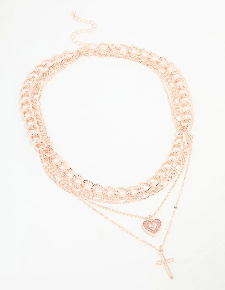 Rose Gold Cross & Butterfly Layered Necklace
