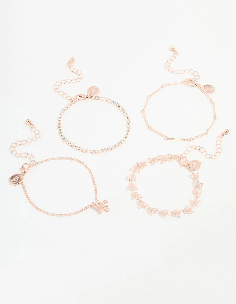 Rose Gold Butterfly & Chain Bracelets 4-Pack