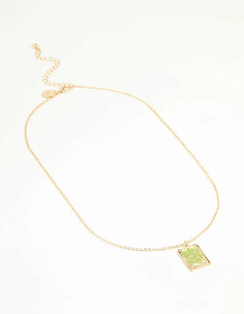 Gold Green Snake Square Pendant Necklace