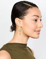 Gold Black Diamante Cross Drop Earrings