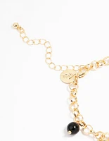 Gold Black Beaded Heart Charm Bracelet