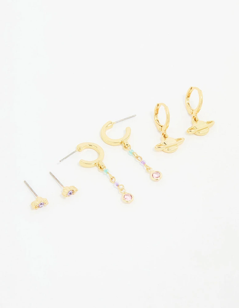 Gold Plated Cubic Zirconia Outer Space Earrings 3-Pack