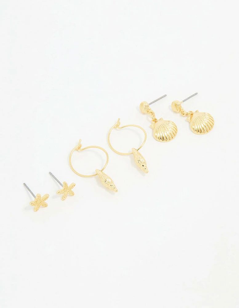 Gold Plated Seashell Earrings 3-Pack