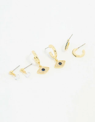 Gold Plated Cubic Zirconia Evil Eye Earrings 3-Pack