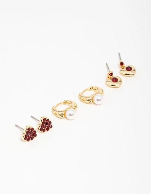 Gold Plated  Chunky Heart Stud Earrings 3-Pack