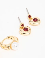 Gold Plated  Chunky Heart Stud Earrings 3-Pack