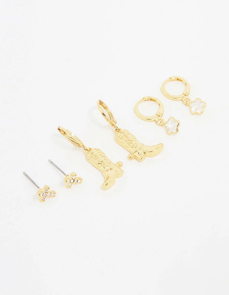 Gold Plated Cubic Zirconia Boot Earrings 3-Pack