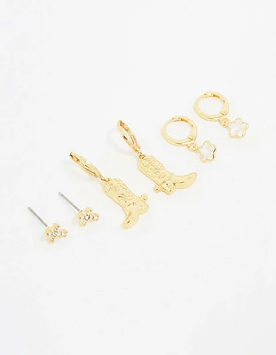 Gold Plated Cubic Zirconia Boot Earrings 3-Pack