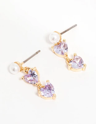 Gold Plated Purple Cubic Zirconia Pearl Dainty Heart Drop Earrings